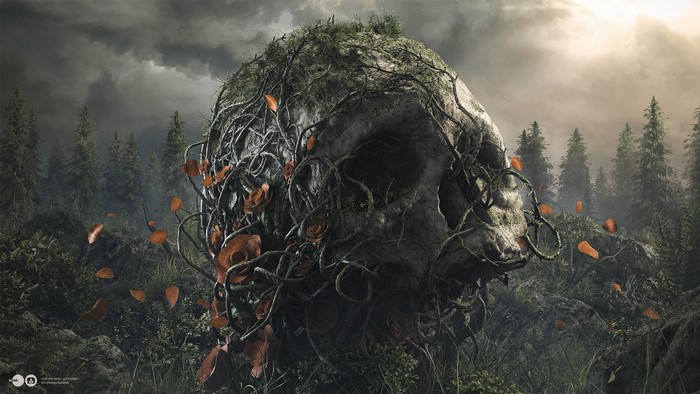 Overgrown Skull Entwined with Branches and Leaves