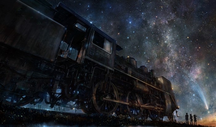 Anime train under a starry sky with a comet