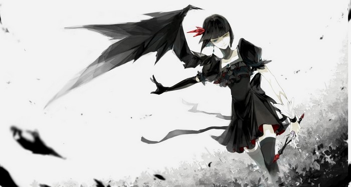 Anime girl with black wings and red accents