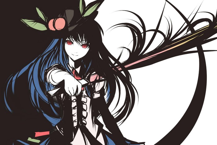 Woman with dark hair and red eyes holding a sword