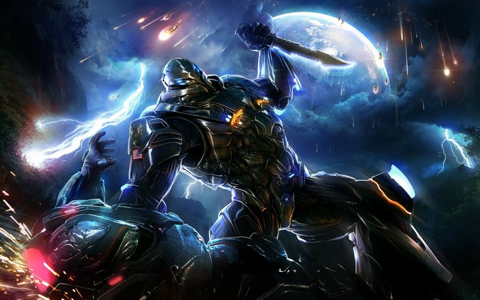 Mech fighting in a stormy alien landscape