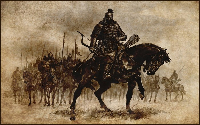 Warrior archer on horseback leading an army