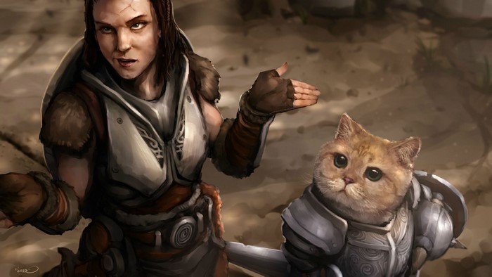 Lydia and a cat from The Elder Scrolls V: Skyrim
