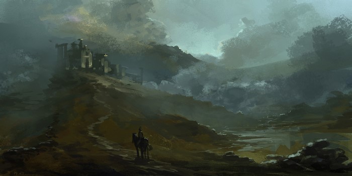 A lone rider approaches ancient ruins on a misty hill.