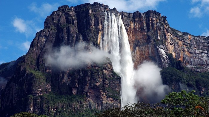 Majestic Angel Falls cascading down a rocky mountain