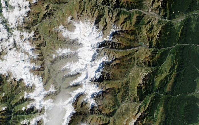 Satellite view of snow-capped mountains in Russia