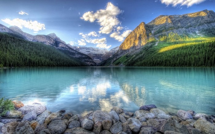 Serene Mountain Lake with Forest and Rocks