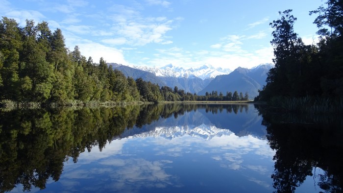 Lake Matheson with snowy peaks and forest reflection