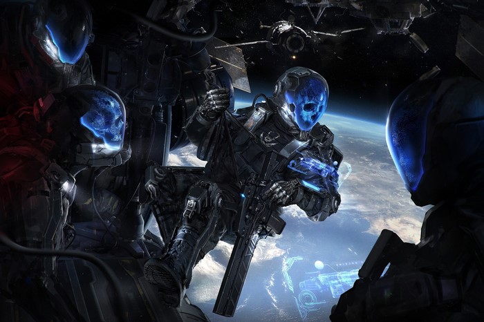 Soldiers in futuristic armor in space above Earth