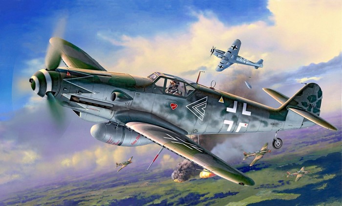 Messerschmitt Bf 109s in aerial combat during WWII