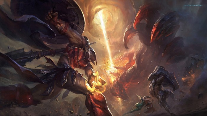 Pantheon from League of Legends fighting Baron Nashor