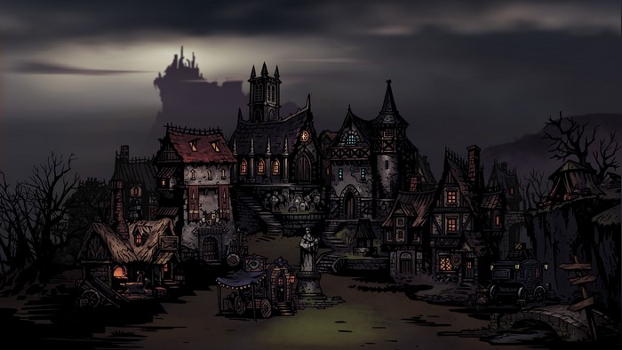 Darkest Dungeon town with a castle in the background