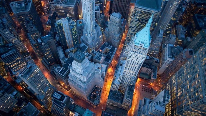 Aerial view of New York City skyscrapers at night