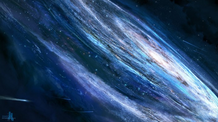 Digital art of a galaxy with shooting stars