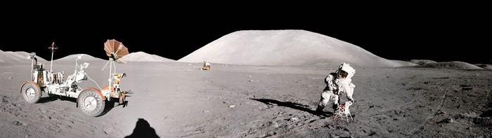 Astronaut on the Moon with Lunar Rover and Mountain