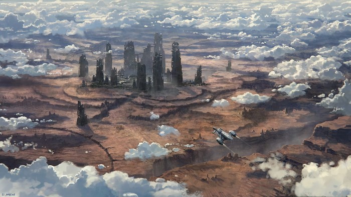 Spaceship flying over alien ruins in Star Citizen