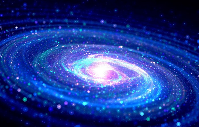Spiral galaxy with glowing stars and bokeh effect