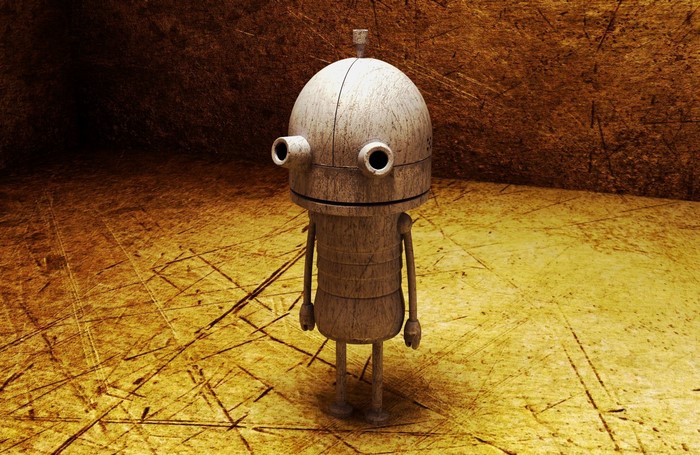 A small, weathered robot stands in a textured room
