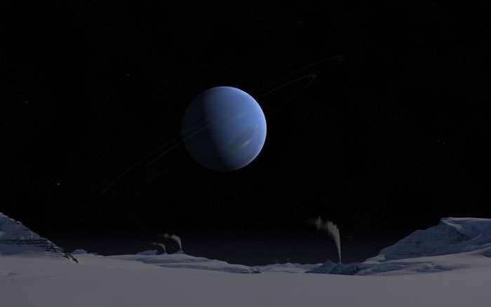 Neptune with rings and icy geysers on a moon