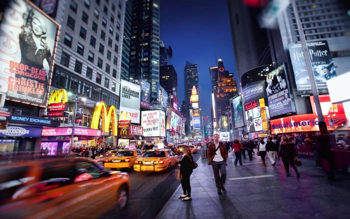 Times Square New York City at Night with Traffic and Billboards