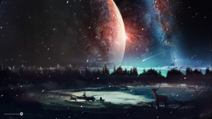 Deer in a snowy landscape with planets and galaxy
