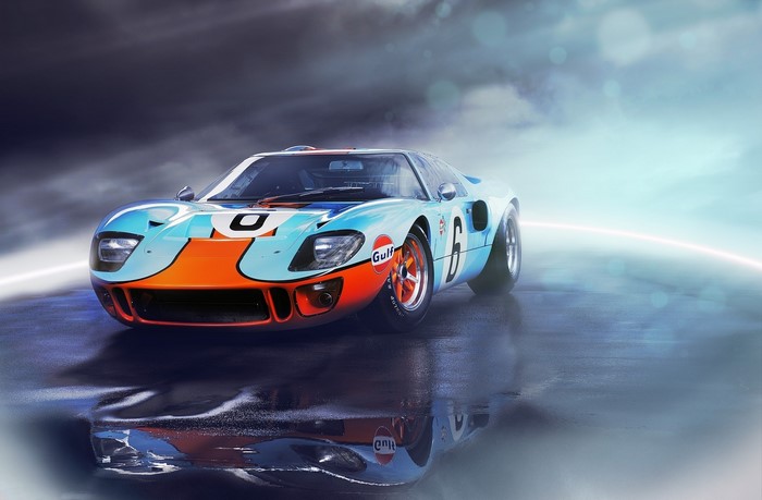 Gulf Oil Ford GT40 race car on wet surface