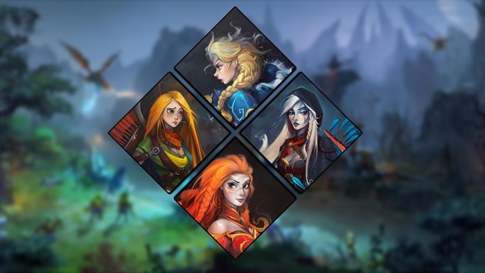 Four female fantasy characters in diamond frames