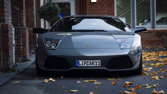 Gray Lamborghini Murcielago parked on street with fallen leaves