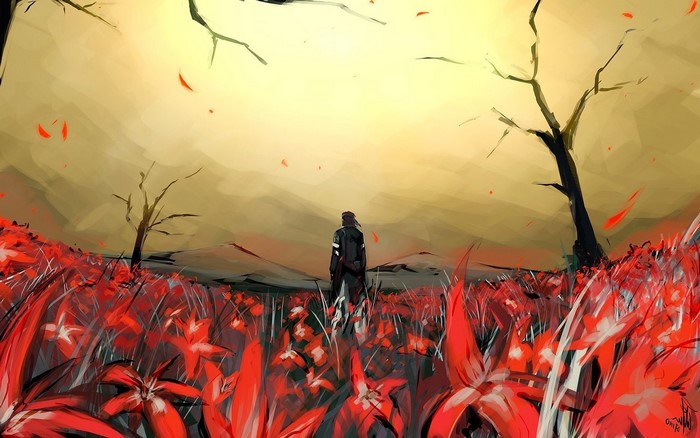 Solid Snake from Metal Gear Solid in a field of flowers