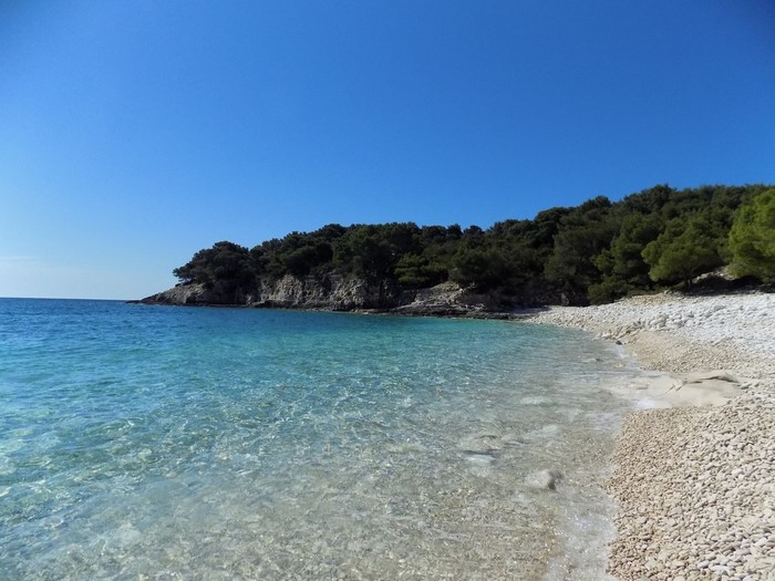 Pebble beach with clear turquoise water and green trees in Croatia