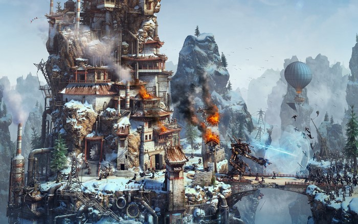Steampunk fantasy art of a robot battle on a mountain