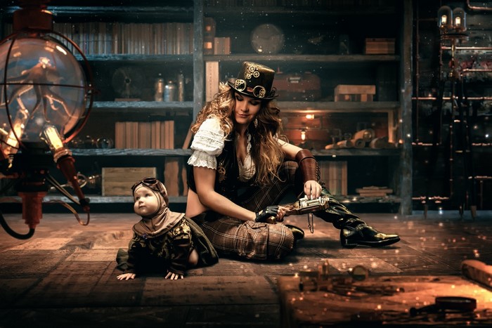 Steampunk woman and baby in a library