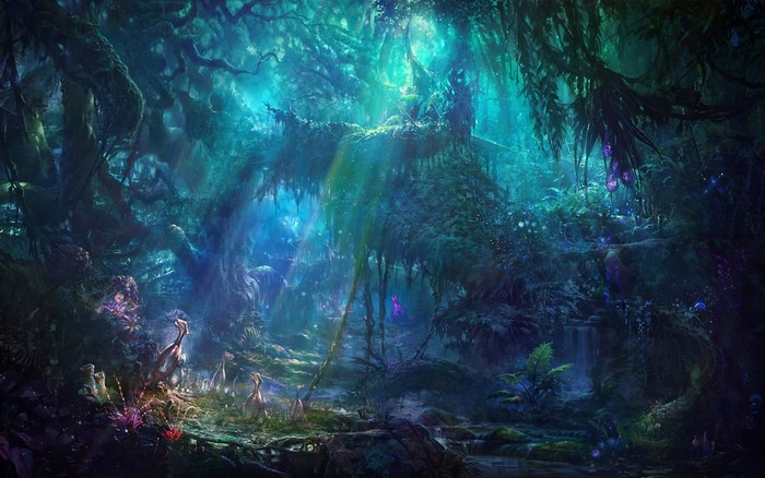 Enchanted forest with glowing flora and fauna