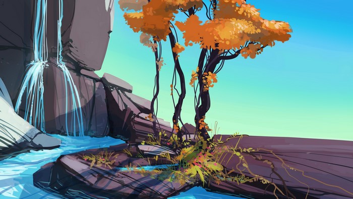 Digital art of a waterfall and autumn trees
