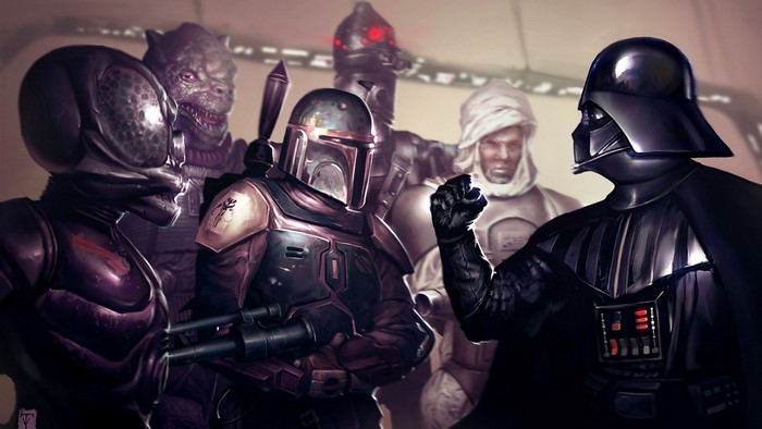 Star Wars artwork: Darth Vader and bounty hunters