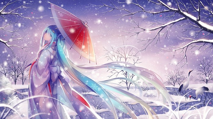 Hatsune Miku in a Kimono with an Umbrella in the Snow