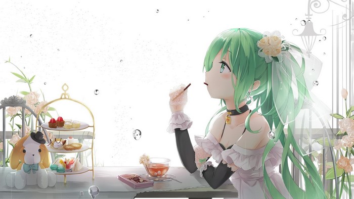 Hatsune Miku eating Pocky with tea and cakes