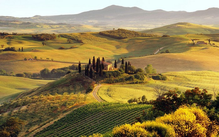 Tuscan landscape with cypress trees and a villa