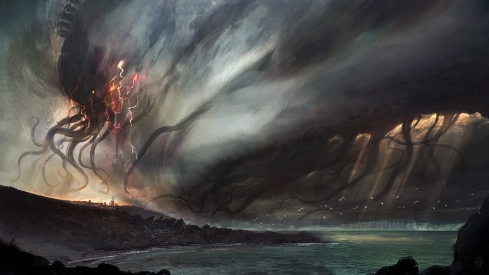 Cthulhu creature emerging from storm clouds over city