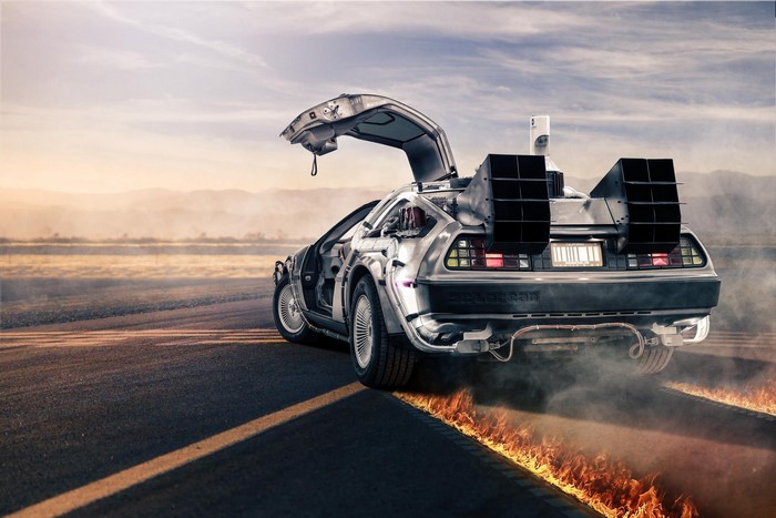 DeLorean time machine from Back to the Future on fire