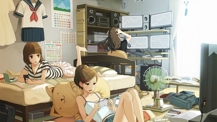 Anime girls in a bedroom playing video games