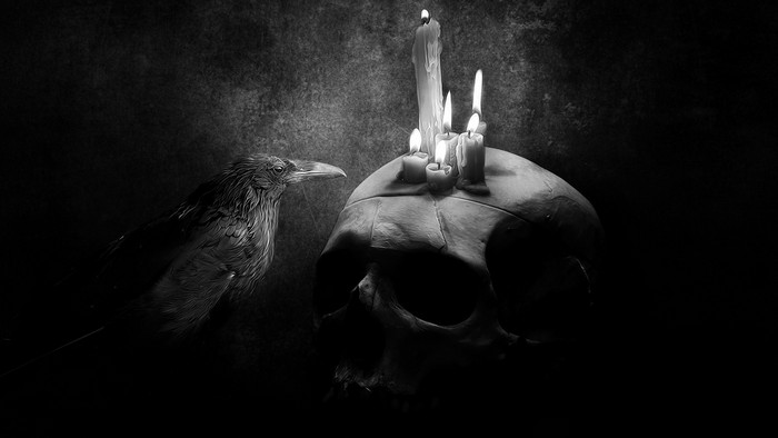 Monochrome skull with candles and raven