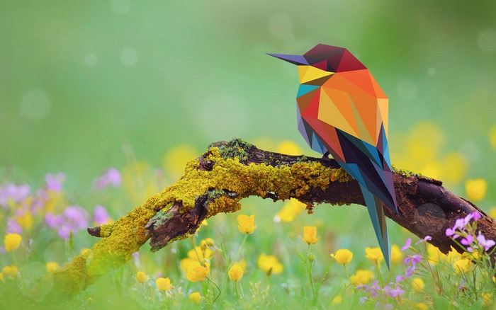 Low poly bee-eater bird on a mossy branch with flowers