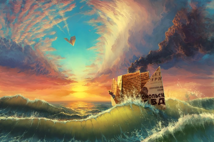 Paper boat sailing on waves with paper airplane in sky