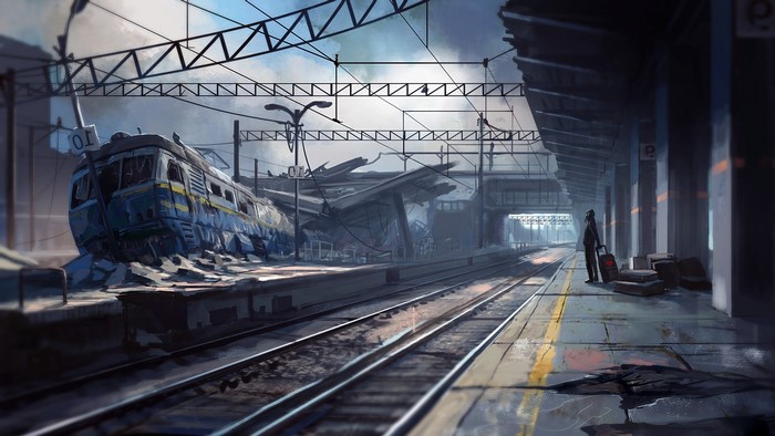 Apocalyptic train station with destroyed train and lone traveler