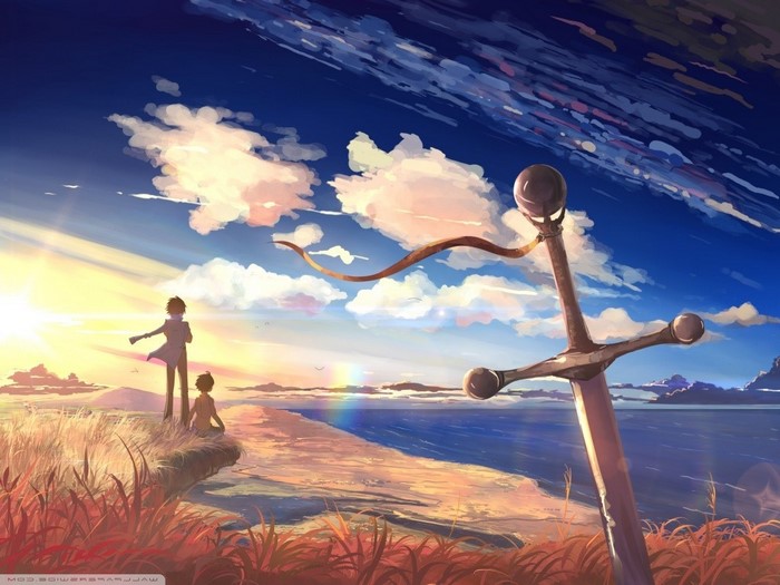 Anime couple with sword by the sea at sunset