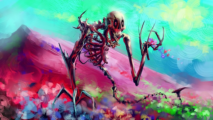 Skeleton in a colorful fantasy landscape