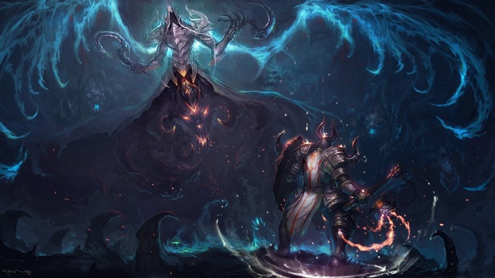 Malthael from Diablo III fighting a knight