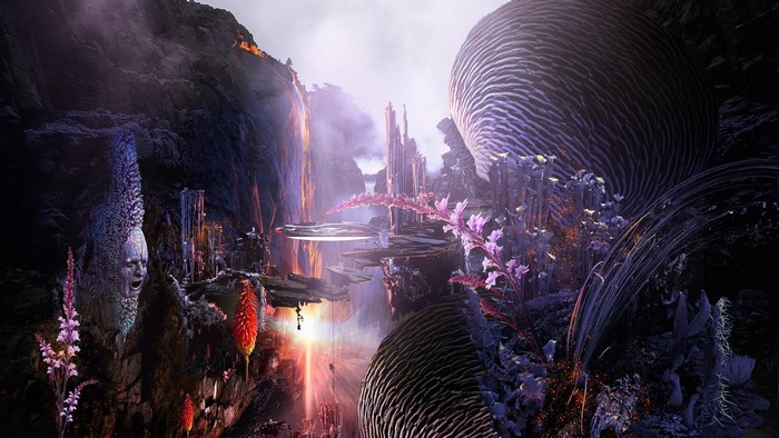 Surreal alien landscape with strange plants and rock formations