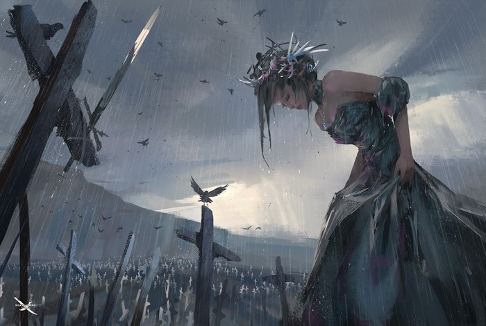 Woman in dark dress in a graveyard with crows